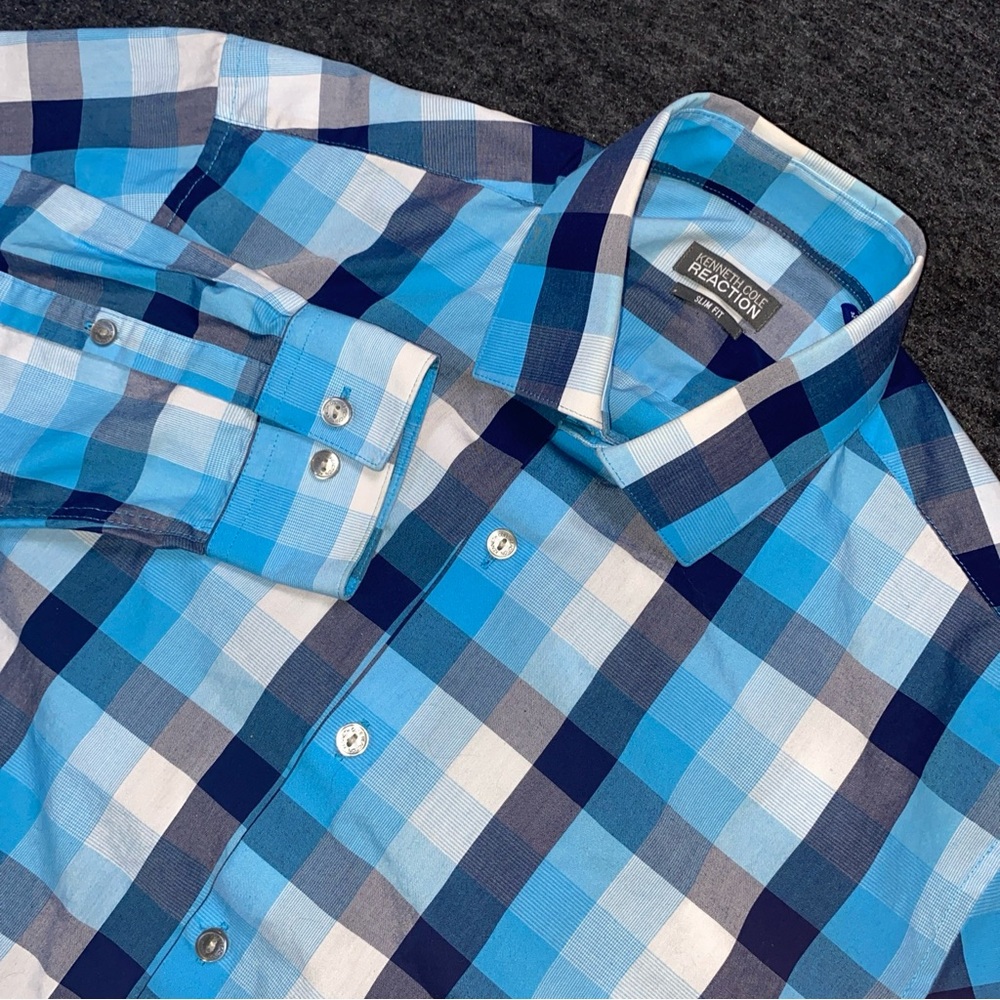 Kenneth Cole Reaction Men's Long Sleeve Slim Fit  Shirt 15 1/2 32-33 Blue Plaid